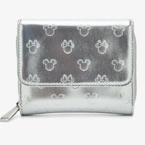 Loungefly Disney Mickey & Minnie Silver Metallic Zip Wallet NWT